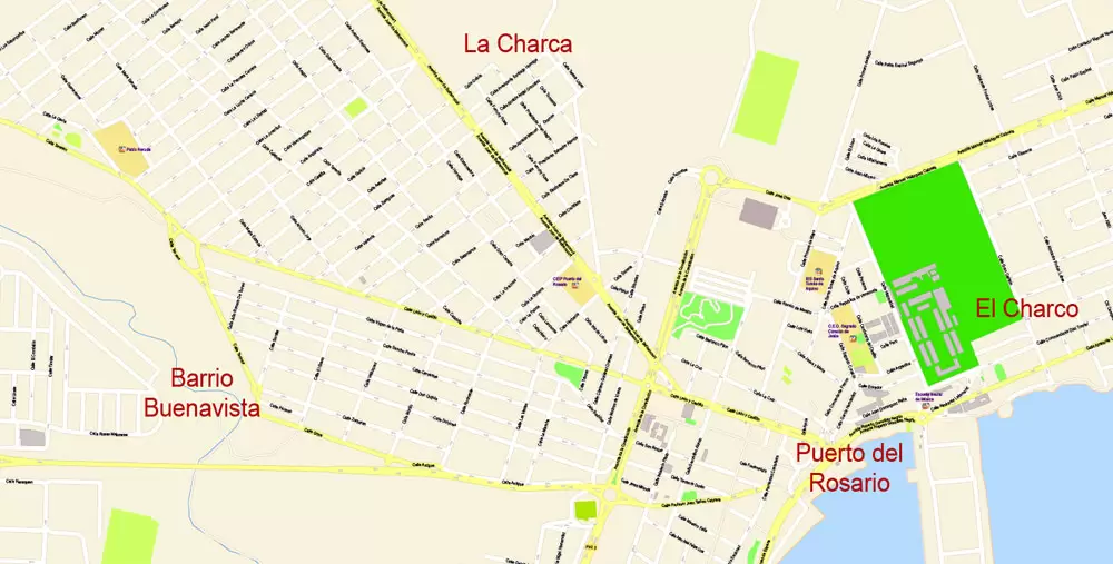 Fuerteventura Map Island Canary Spain, exact detailed City Plan Principal Buildings, Topo + Plain Map scale 1:4131, editable Layered Adobe Illustrator Street Map