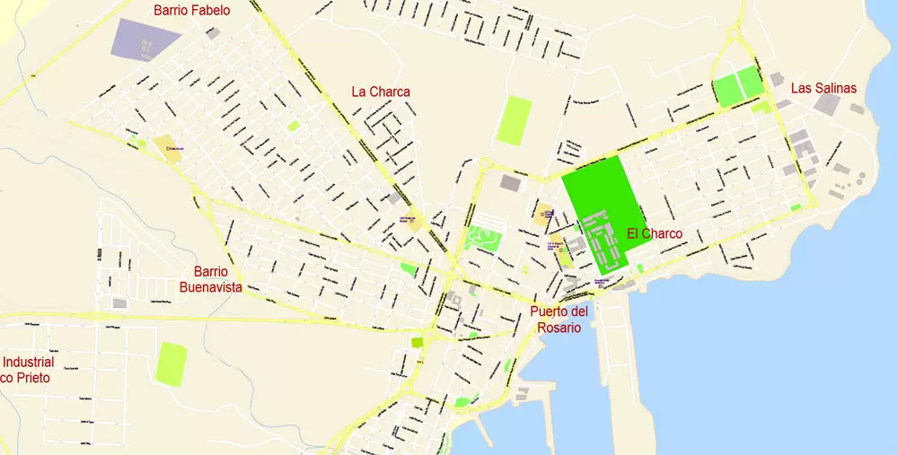 Fuerteventura Map Island Canary Spain, exact detailed City Plan Principal Buildings, Topo + Plain Map scale 1:4131, editable Layered Adobe Illustrator Street Map