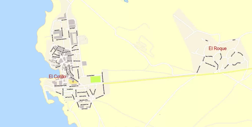 Fuerteventura Map Island Canary Spain, exact detailed City Plan Principal Buildings, Topo + Plain Map scale 1:4131, editable Layered Adobe Illustrator Street Map