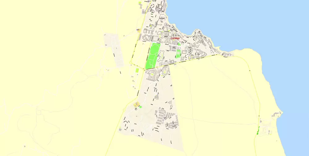 Fuerteventura Map Island Canary Spain, exact detailed City Plan Principal Buildings, Topo + Plain Map scale 1:4131, editable Layered Adobe Illustrator Street Map