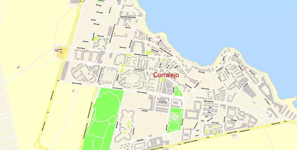 Fuerteventura Map Island Canary Spain, exact detailed City Plan Principal Buildings, Topo + Plain Map scale 1:4131, editable Layered Adobe Illustrator Street Map