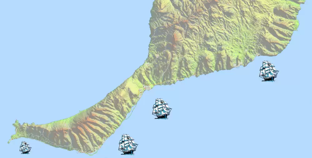 Fuerteventura Map Island Canary Spain, exact detailed City Plan Principal Buildings, Topo + Plain Map scale 1:4131, editable Layered Adobe Illustrator Street Map