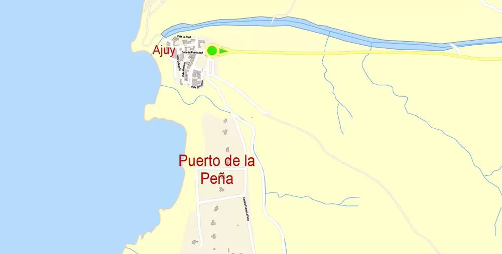 Fuerteventura Map Island Canary Spain, exact detailed City Plan Principal Buildings, Topo + Plain Map scale 1:4131, editable Layered Adobe Illustrator Street Map