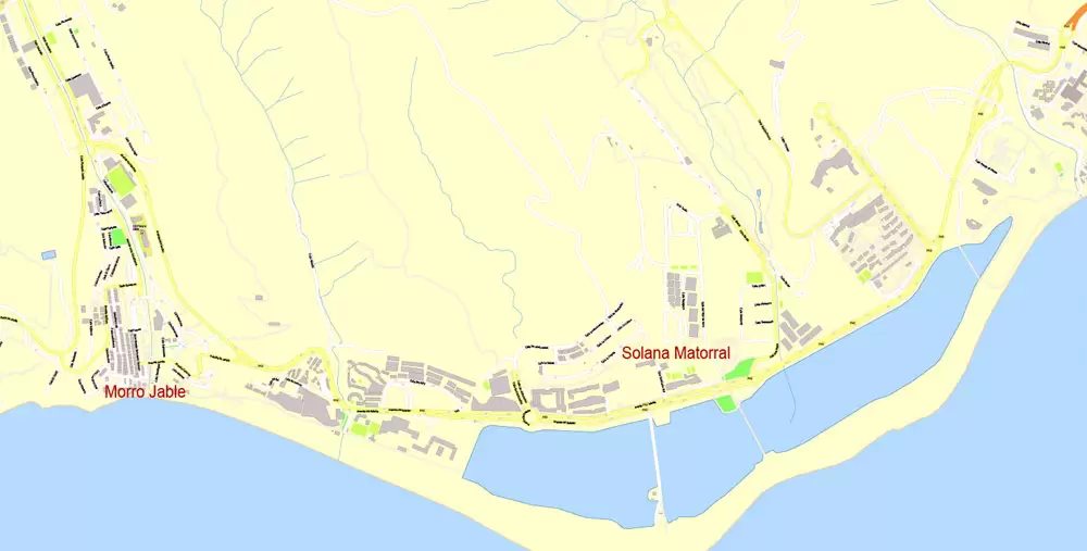 Fuerteventura Map Island Canary Spain, exact detailed City Plan Principal Buildings, Topo + Plain Map scale 1:4131, editable Layered Adobe Illustrator Street Map