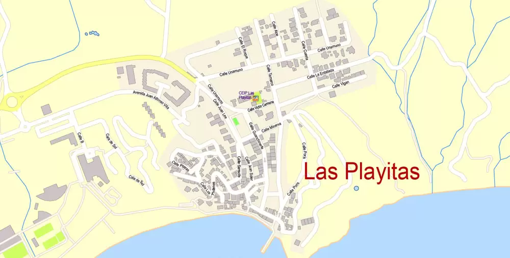 Fuerteventura Map Island Canary Spain, exact detailed City Plan Principal Buildings, Topo + Plain Map scale 1:4131, editable Layered Adobe Illustrator Street Map
