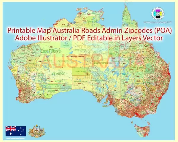 Printable Vector Map Australia, exact extra detailed Country Plan Roads Admin ZipCodes (POA) full editable Adobe Illustrator