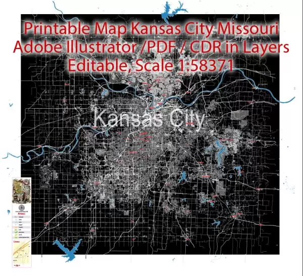 Map Kansas City Missouri US, exact vector City Plan scale 1:58371 BW full editable Adobe Illustrator Street Map