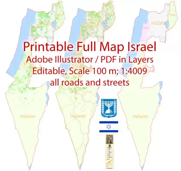 Printable Vector Map Israel English names, exact extra detailed Country City Plan scale 1:4009 full editable Adobe Illustrator Road Street Admin Map