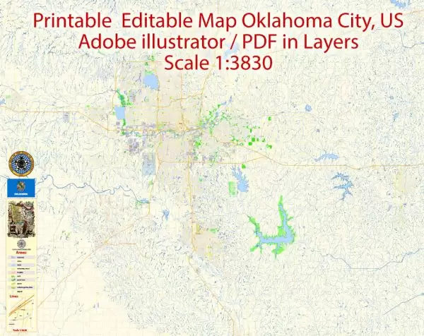 Oklahoma City Metro Area Oklahoma US Printable Vector Map, exact City Plan scale 1:3830 full editable Adobe Illustrator Street Map