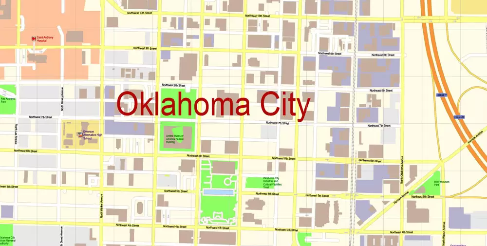 Oklahoma City Metro Area Oklahoma US Printable Vector Map, exact City Plan scale 1:3830 full editable Adobe Illustrator Street Map