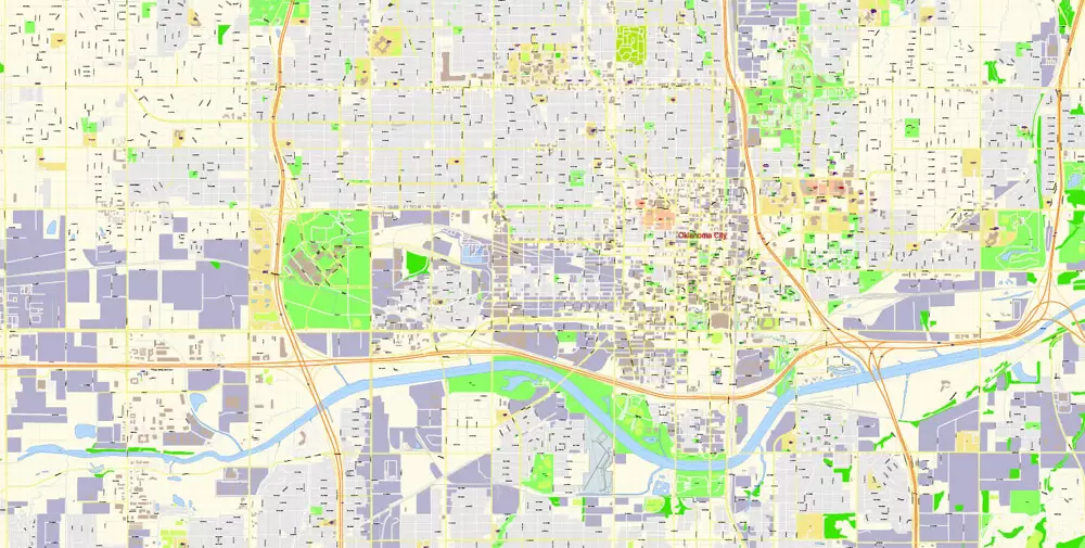 Oklahoma City Metro Area Oklahoma US Printable Vector Map, exact City Plan scale 1:3830 full editable Adobe Illustrator Street Map