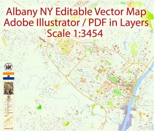 Albany NY Map Vector Printable US exact City Plan full editable in layers Adobe Illustrator Street Map