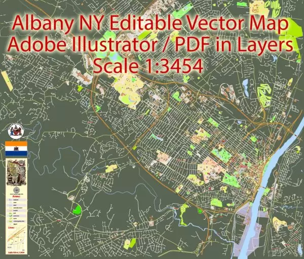 Albany NY Map Vector Printable US exact City Plan full editable in layers Adobe Illustrator Street Map