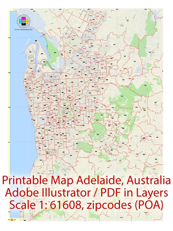 Printable Vector Map Adelaide, Australia, exact City Plan, full editable, Adobe Illustrator, scale 1:60608, scalable,  text format all names, all ZIPcodes areas (POA) Street Map