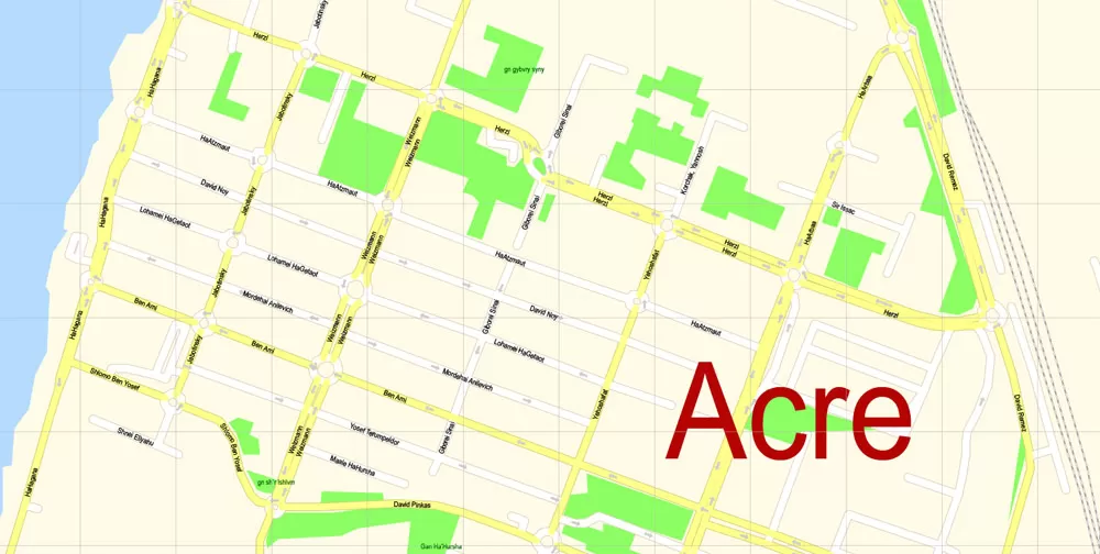 Printable Vector Map Acre Israel, exact detailed City Plan scale 1:3942, editable Layered Adobe Illustrator Street Map Eng