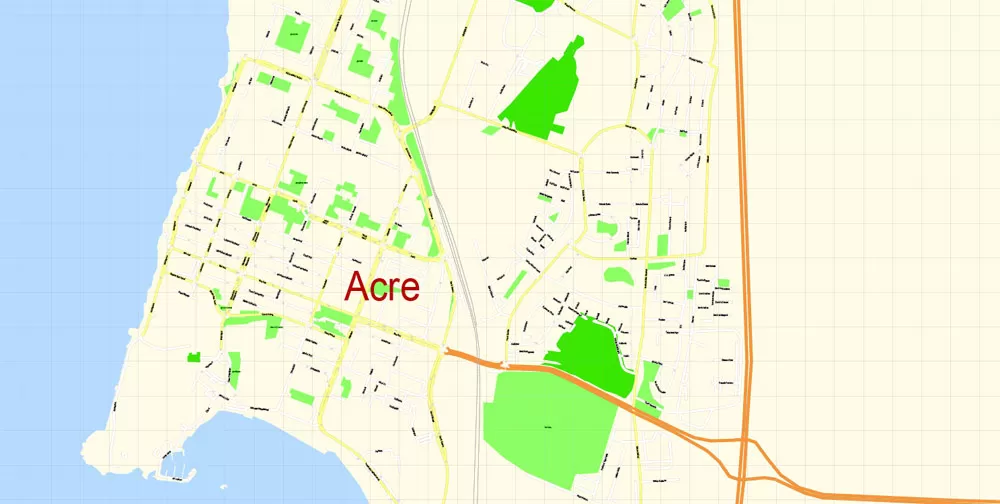 Printable Vector Map Acre Israel, exact detailed City Plan scale 1:3942, editable Layered Adobe Illustrator Street Map Eng