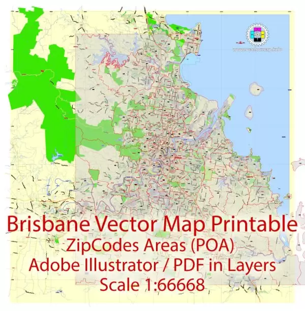 Brisbane Vector Map Australia exact City Plan all ZIPcodes areas (POA) Street Map editable Adobe Illustrator