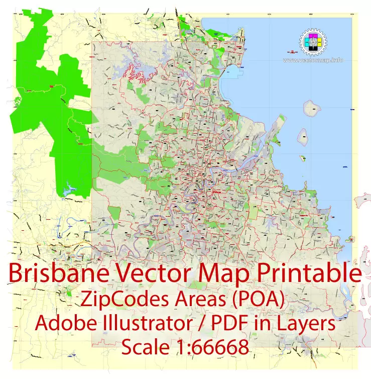 Brisbane Vector Map Australia exact City Plan all ZIPcodes areas (POA) Street Map editable Adobe Illustrator