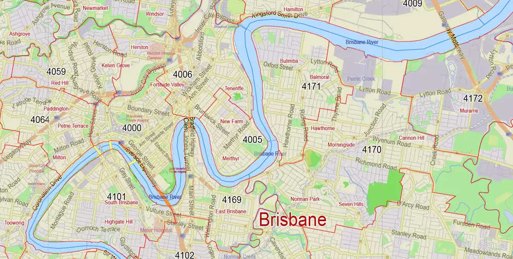 Brisbane Vector Map Australia exact City Plan all ZIPcodes areas (POA) Street Map editable Adobe Illustrator
