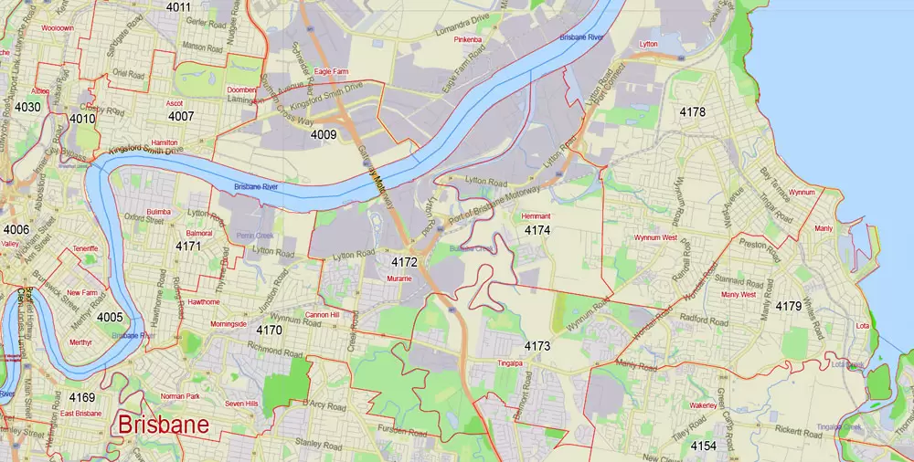 Brisbane Vector Map Australia exact City Plan all ZIPcodes areas (POA) Street Map editable Adobe Illustrator