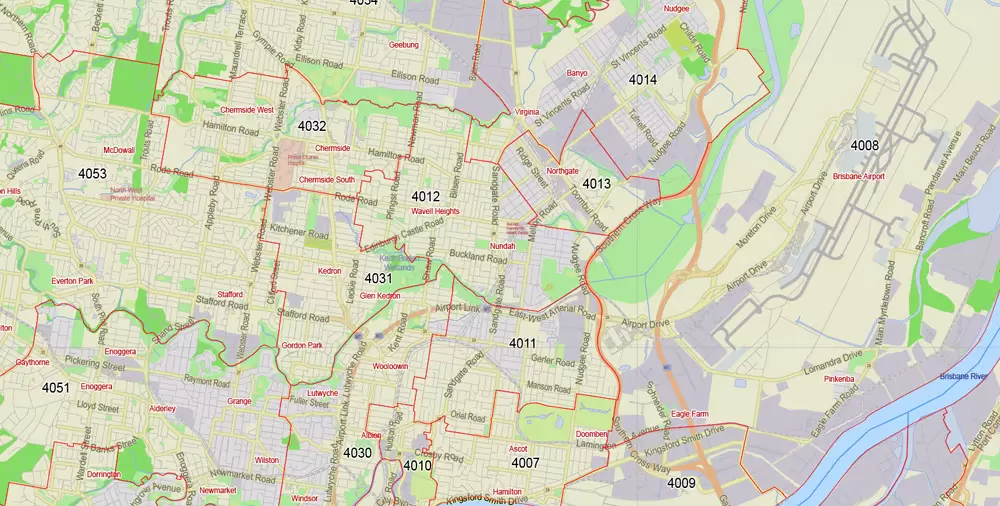 Brisbane Vector Map Australia exact City Plan all ZIPcodes areas (POA) Street Map editable Adobe Illustrator