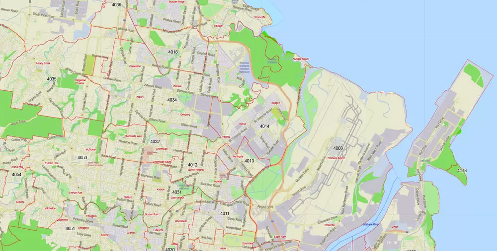 Brisbane Vector Map Australia exact City Plan all ZIPcodes areas (POA) Street Map editable Adobe Illustrator