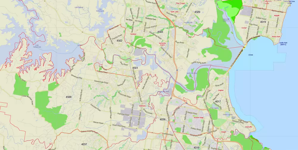 Brisbane Vector Map Australia exact City Plan all ZIPcodes areas (POA) Street Map editable Adobe Illustrator