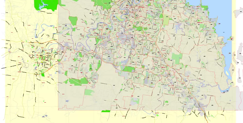 Brisbane Vector Map Australia exact City Plan all ZIPcodes areas (POA) Street Map editable Adobe Illustrator