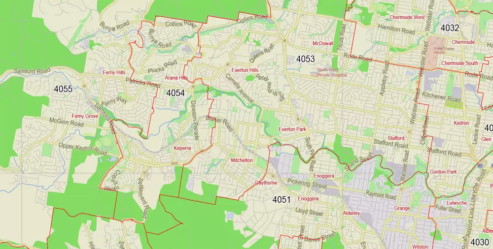 Brisbane Vector Map Australia exact City Plan all ZIPcodes areas (POA) Street Map editable Adobe Illustrator