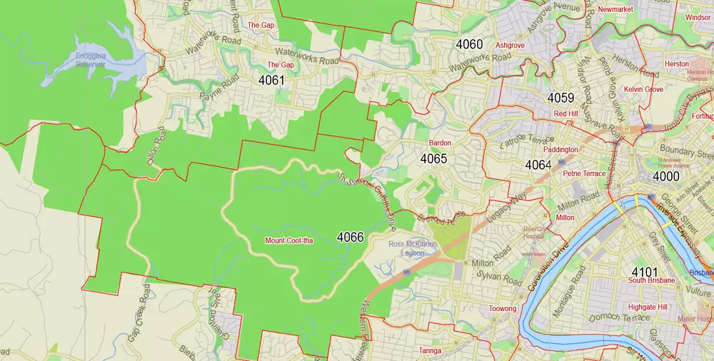 Brisbane Vector Map Australia exact City Plan all ZIPcodes areas (POA) Street Map editable Adobe Illustrator