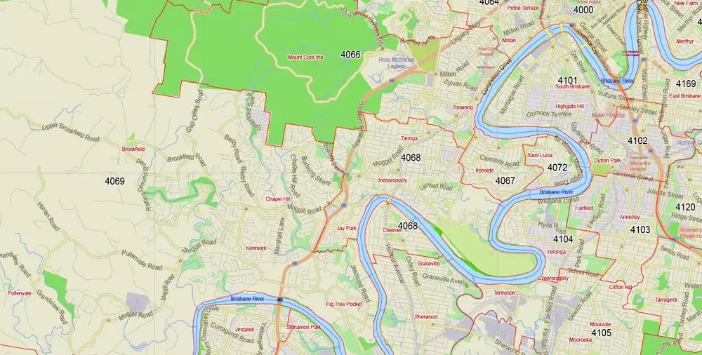 Brisbane Vector Map Australia exact City Plan all ZIPcodes areas (POA) Street Map editable Adobe Illustrator