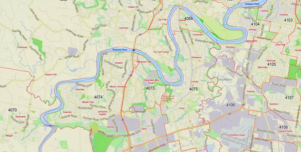 Brisbane Vector Map Australia exact City Plan all ZIPcodes areas (POA) Street Map editable Adobe Illustrator