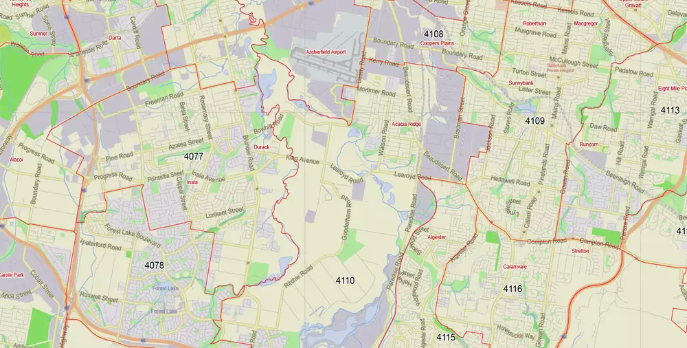 Brisbane Vector Map Australia exact City Plan all ZIPcodes areas (POA) Street Map editable Adobe Illustrator