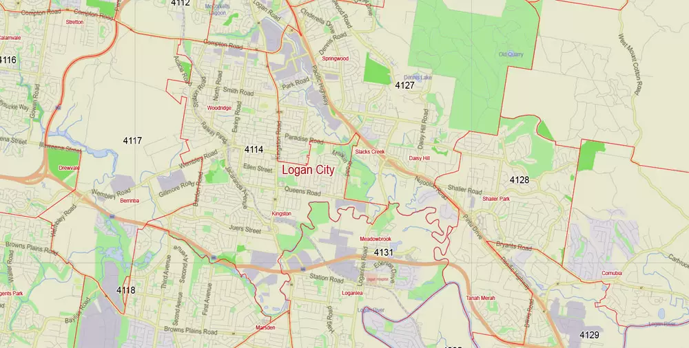 Brisbane Vector Map Australia exact City Plan all ZIPcodes areas (POA) Street Map editable Adobe Illustrator