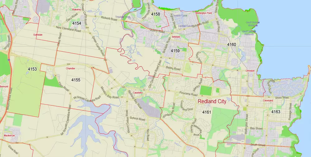 Brisbane Vector Map Australia exact City Plan all ZIPcodes areas (POA) Street Map editable Adobe Illustrator