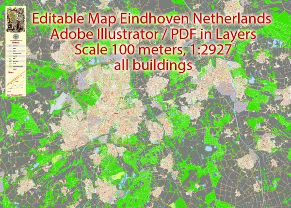 Map Eindhoven Netherlands Printable Vector, exact detailed City Plan, Scale 1:2927, editable Layered Adobe Illustrator Street Map