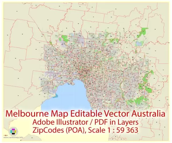Melbourne Vector Map Australia exact City Plan all ZIPcodes areas (POA) Street Map editable Adobe Illustrator