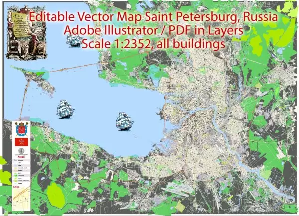 Printable Vector Map Saint Petersburg Russia, exact City Plan scale 1:2352 full editable Adobe Illustrator Street Map