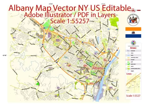 Albany Vector Map NY US, exact City Plan scale 1:55257 full editable Adobe Illustrator Street Map in layers