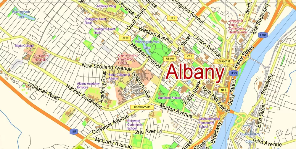 Albany Vector Map NY US, exact City Plan scale 1:55257 full editable Adobe Illustrator Street Map in layers