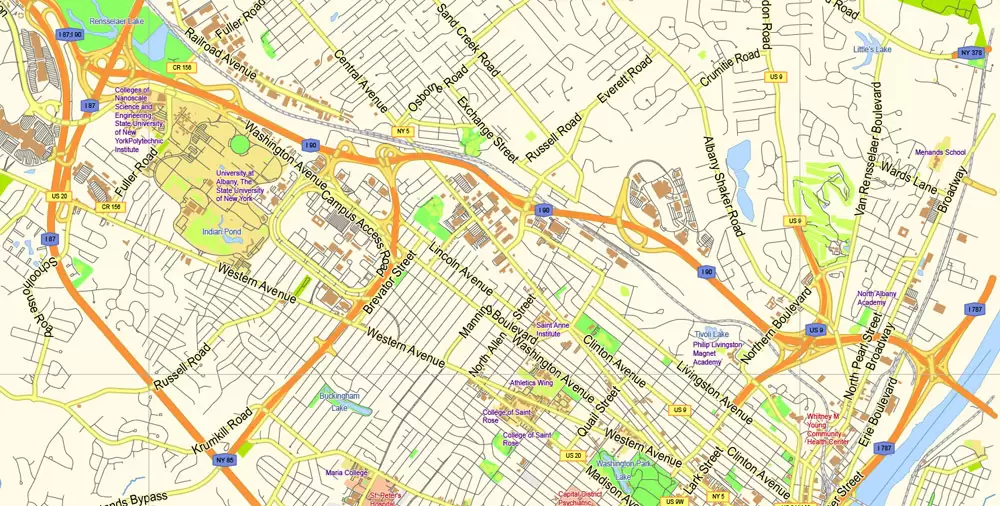Albany Vector Map NY US, exact City Plan scale 1:55257 full editable Adobe Illustrator Street Map in layers