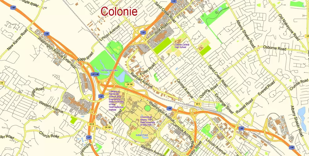Albany Vector Map NY US, exact City Plan scale 1:55257 full editable Adobe Illustrator Street Map in layers