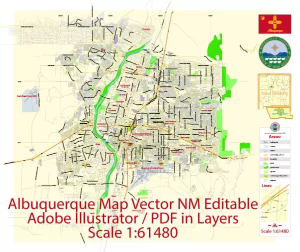Albuquerque Map Vector NM US, exact City Plan scale 1:61480 full editable Adobe Illustrator Street Map in layers