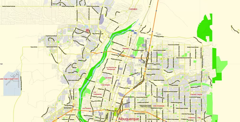 Albuquerque Map Vector NM US, exact City Plan scale 1:61480 full editable Adobe Illustrator Street Map in layers