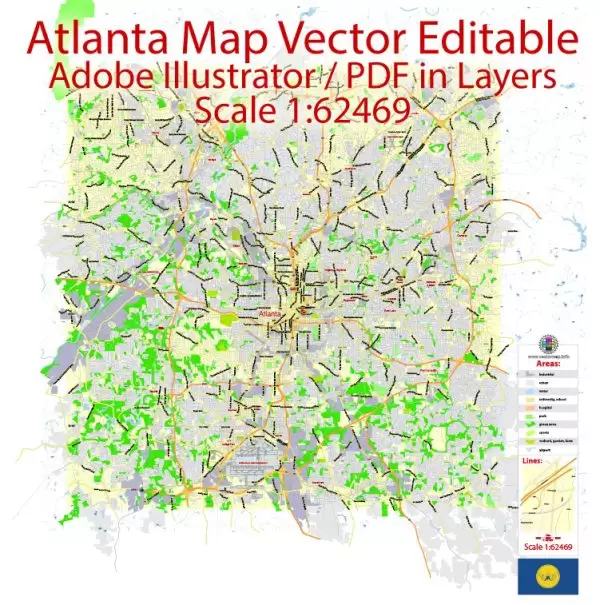 Atlanta Map Vector Georgia US, exact City Plan scale 1:62469 full editable Adobe Illustrator Street Map in layers