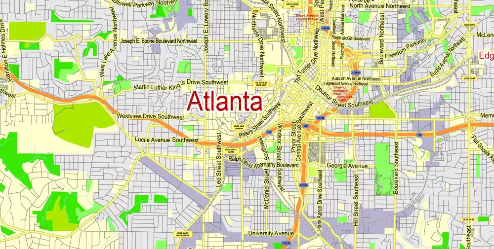 Atlanta Map Vector Georgia US, exact City Plan scale 1:62469 full editable Adobe Illustrator Street Map in layers