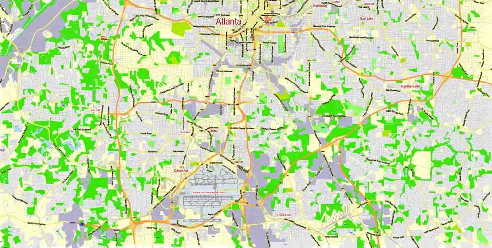 Atlanta Map Vector Georgia US, exact City Plan scale 1:62469 full editable Adobe Illustrator Street Map in layers