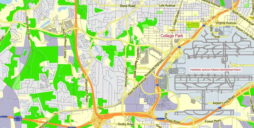 Atlanta Map Vector Georgia US, exact City Plan scale 1:62469 full editable Adobe Illustrator Street Map in layers