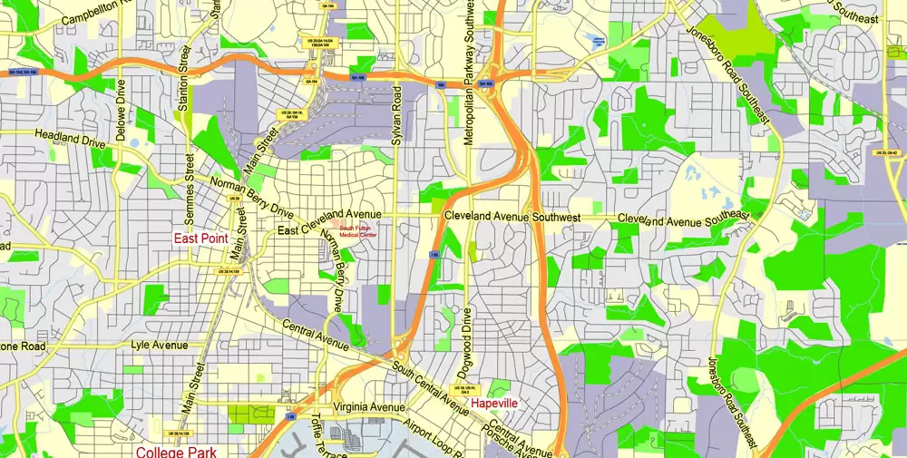 Atlanta Map Vector Georgia US, exact City Plan scale 1:62469 full editable Adobe Illustrator Street Map in layers