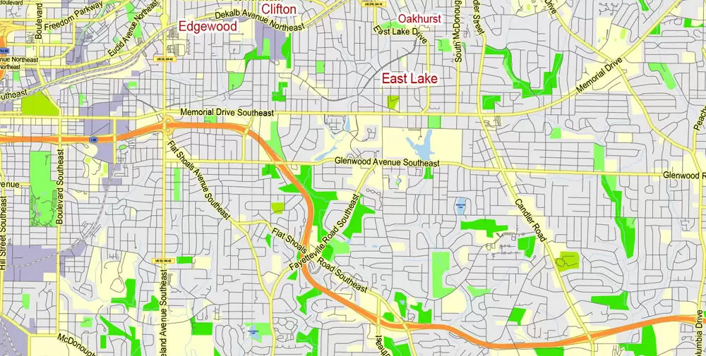 Atlanta Map Vector Georgia US, exact City Plan scale 1:62469 full editable Adobe Illustrator Street Map in layers